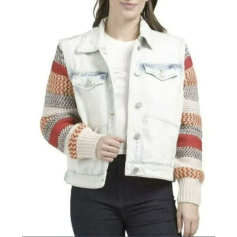 BLANK NYC $198 Medium Happy Promises Striped Knit Denim Trucker Jacket NWT